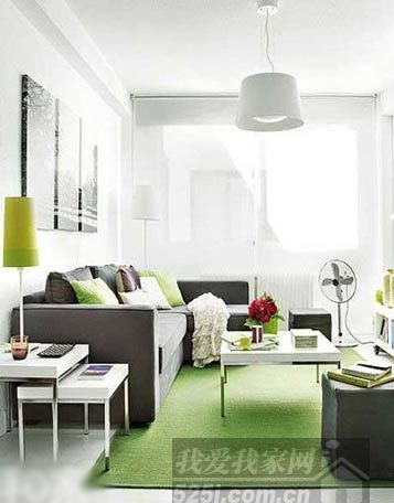 深灰色沙发搭配绿色地毯