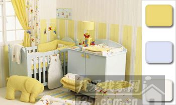 黄色+粉蓝色+白色婴儿房
