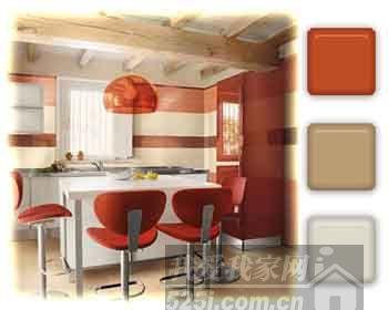 橙色+米色+白色的色彩搭配适合餐厨区吧台使用