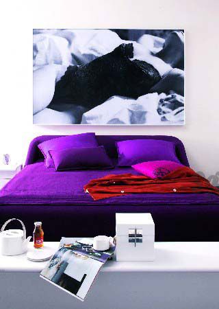 这间卧室的亮点之处在于纯紫色的床品