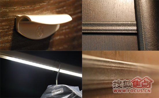 产品细节：实木贴皮板材，皮质包框，LED感应灯。索菲亚坚持，品质源于细节