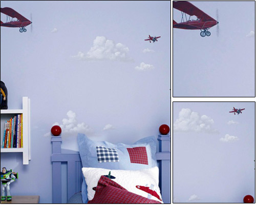 淡蓝色的墙壁上描绘这云彩和飞机与床品十分搭配