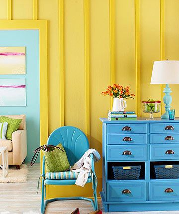 黄色加蓝色的搭配比黄绿两色的组合更显纯净能很好地迎合房间所需的氛围