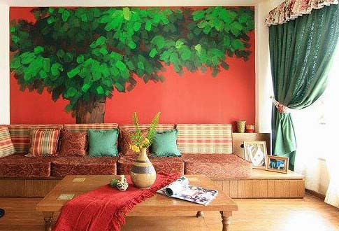 典型的红绿两色设计让整个客厅都鲜活起来
