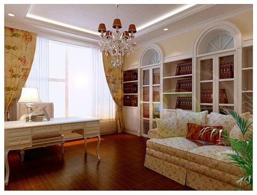 书房的书柜和拱形的石膏造型完美的连接在一起，显示出浪漫的气息。