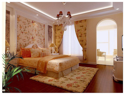 卧室和走廊都运用了欧式拱形门洞，作为垭口出的处理，让生硬的直线条变得融合。卧室有独立的休闲平台区域，让卧室的空间能被更大的利用，让整体空间能有很好的穿透性。