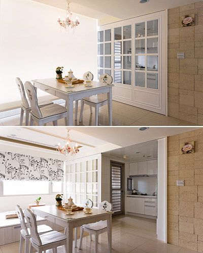 餐厅与厨房采用半开放式的轻隔间设计，厨房与餐厅间，以白色线板，装设透明拉门