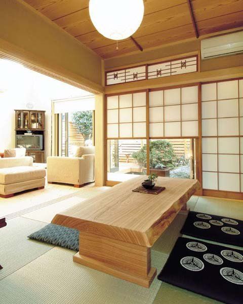 日式风格的榻榻米坐垫，格子推拉门外，是庭院一角的景色