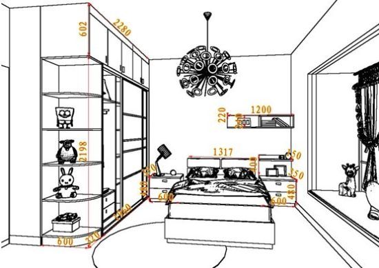 图3：尚品宅配新居网的一次儿童房家具定制实例设计图，非常有特色的蜂窝灯，简洁大方而多元素的设计，给孩子一个很大的想象空间。
