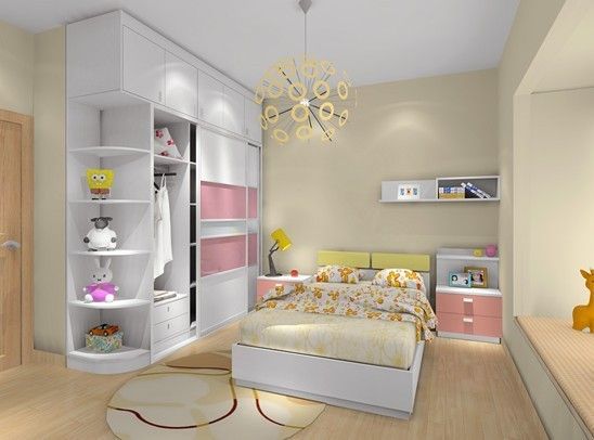 图4：尚品宅配新居网的一次儿童房家具定制实例实景图，粉色系列非常合适孩子的年龄特点，让孩子从小就有独立的空间，健康成长。对比设计图看看，你也心动了吧？