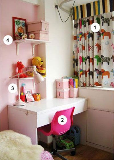 儿童房可能往往是家中面积较小的居室，但功能需求却一点都不能缺，利用边角设计的书桌以及置物架很好的解决了这个问题，一系列粉色的配饰搭配起来与整个空间相融合
