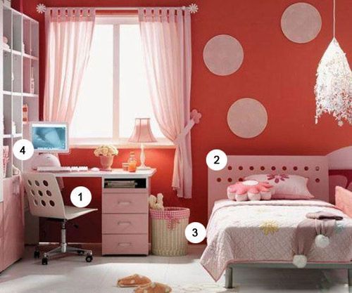 最常见的儿童房系列家具，功能齐全且风格统一，颜色是女孩子喜欢的粉色系。轻纱质窗帘飘逸干净，提升整个空间的柔和感