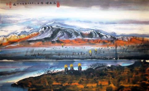 黄建南国画。高原湖.70x44cm。本