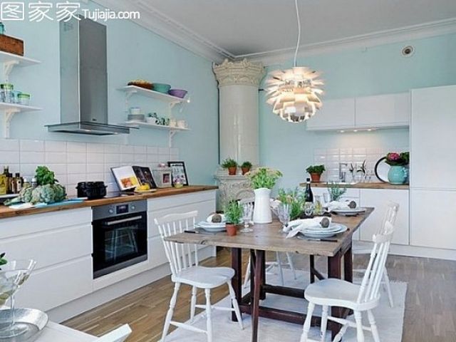 北欧风两居公寓 蓝白清新装饰厨房餐厅(组图) 