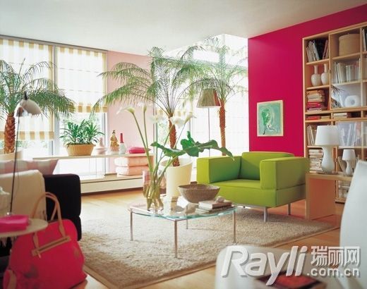 玫红色墙面和绿色沙发及绿植，完美撞色升级喜感。
