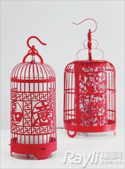 鸟笼造型红色台灯