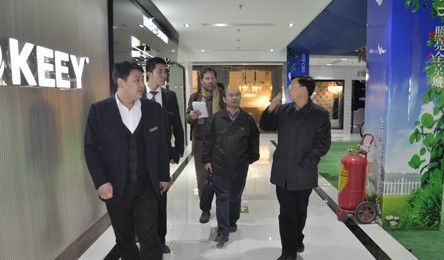 图为：高力国际灯具港总经理助理何磊为北京市消费者协会、欧盟项目领导介绍LED照明专区。