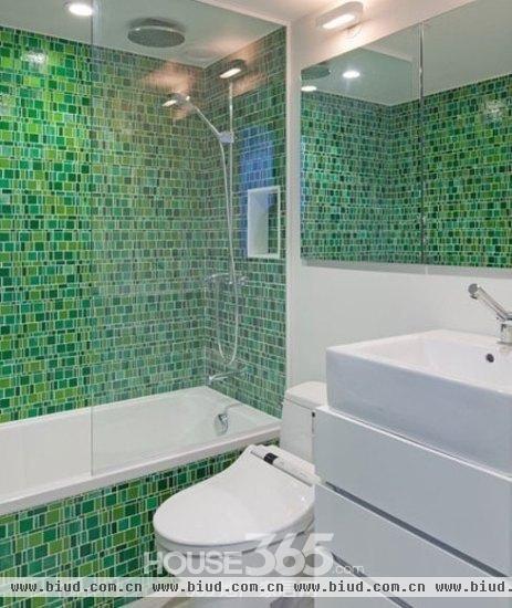 绿与白的卫浴间空间，充斥着浓浓的自然味道，走进小卫浴间就仿佛渡入了初夏之际，而这款案例中的马赛克瓷砖特意选择了大小不规则的种类，这样一来能让单调的空间更为丰富多姿。