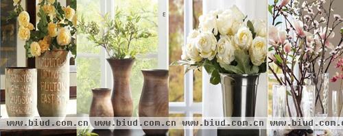 图为：不同材质的花器可以DIY出不同的搭配效果