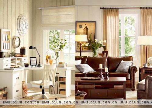 图为：带褶款窗突显真皮沙发的视觉重点，为整个客厅带来尊贵感；罗马帘多适用于小空间或小窗户，使得美式经典多了时尚韵味