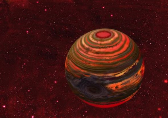 这是一幅艺术想象图：一颗褐矮星大气中存在一个类似木星大红斑的巨型风暴系统