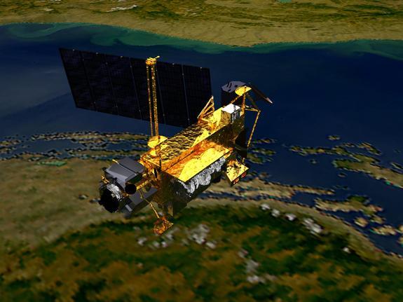 艺术概念图，展示了太空中的高层大气研究卫星（UARS）。这颗6.5吨重的卫星1991年搭乘“发现”号航天飞机进入太空，2005年12月退役