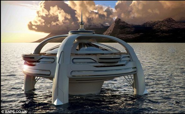 乌托邦计划通过4个平台漂浮在水面上，每个平台上都有一个推进器，以确保整个游艇岛保持平稳