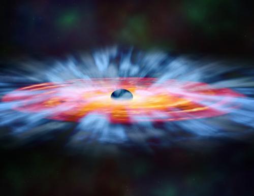 这是一张表示图，可以看到大量气体物质围绕黑洞作剧烈旋转运动，大量物质被吸入黑洞，但是也有一些气体团块被巨大的离心力甩出去，就像从黑洞发出的大量“子弹”