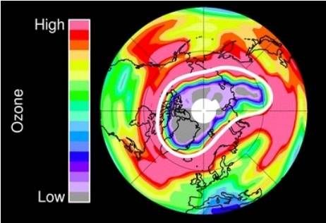 根据美国宇航局出示的图片显示，北极上空的臭氧含量已经达到史上最少